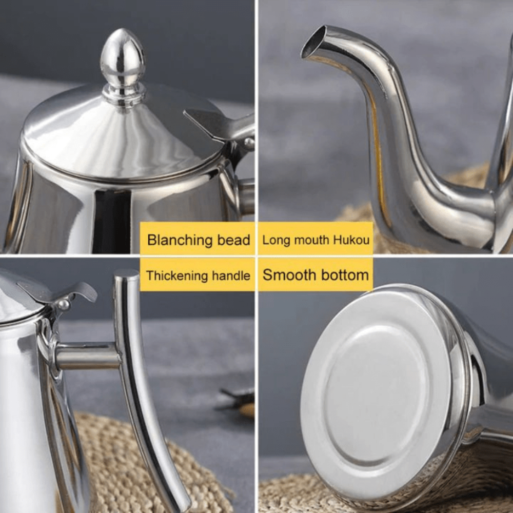 Fitlybuy stainless steel induction kettle with long spout, thick handle, bead lid, and smooth base in a 4-part collage.