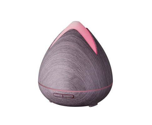 Fitlybuy PureSpa teardrop ultrasonic diffuser with wood grain finish and pink glowing ambient light on white background.