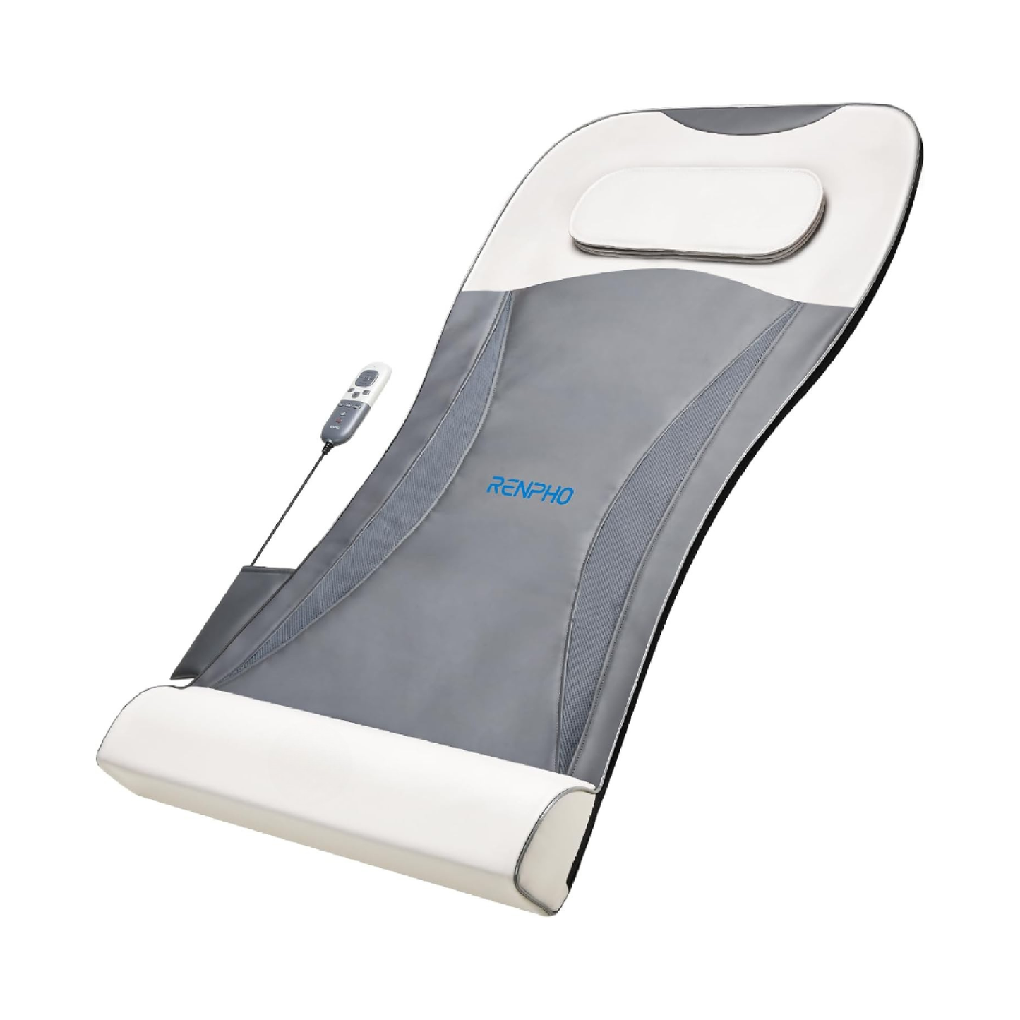 Grey and cream RENPHO massage seat pad with a remote control, designed for lumbar, neck, and back heat therapy.