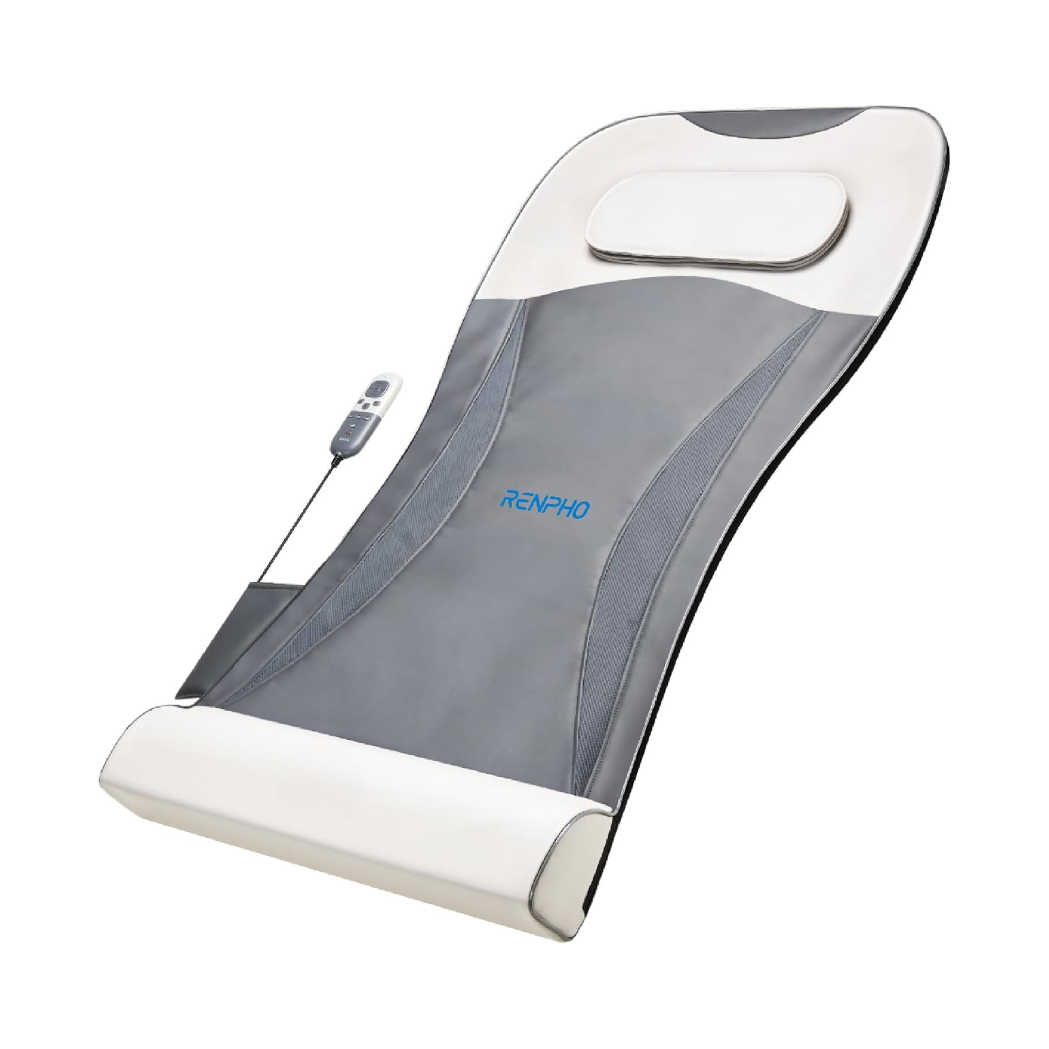 Grey and cream RENPHO massage seat pad with a remote control, designed for lumbar, neck, and back heat therapy.