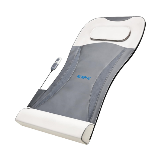 Grey and cream RENPHO massage seat pad with a remote control, designed for lumbar, neck, and back heat therapy.
