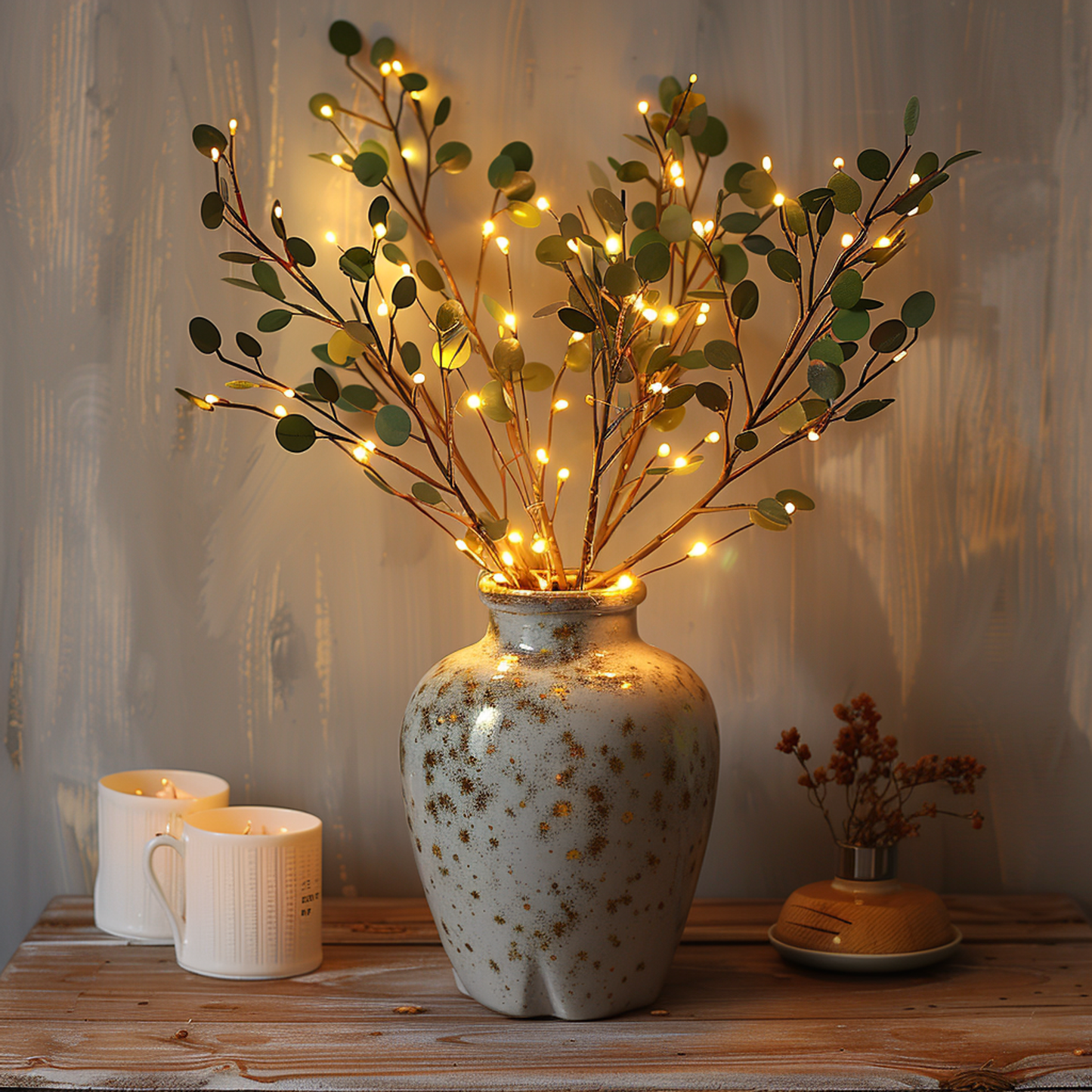 Fitlybuy LumiVista olive branch string lights with warm LED glow in a rustic speckled vase on a wooden table.