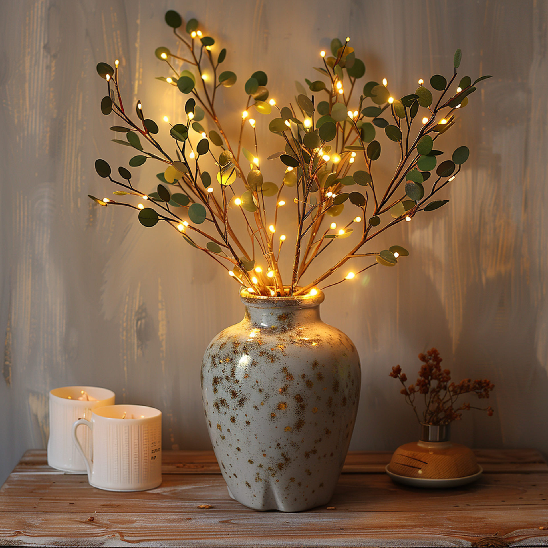 Fitlybuy LumiVista olive branch string lights with warm LED glow in a rustic speckled vase on a wooden table.