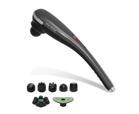 Fitlybuy handheld black rechargeable body massager with control panel and seven diverse massage head attachments.