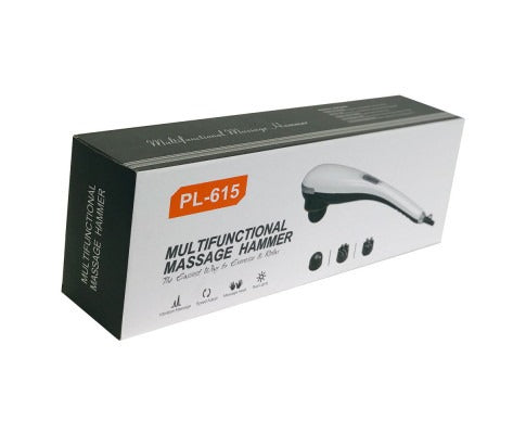 Fitlybuy rechargeable white and black body massage hammer in its retail packaging showing included attachments.