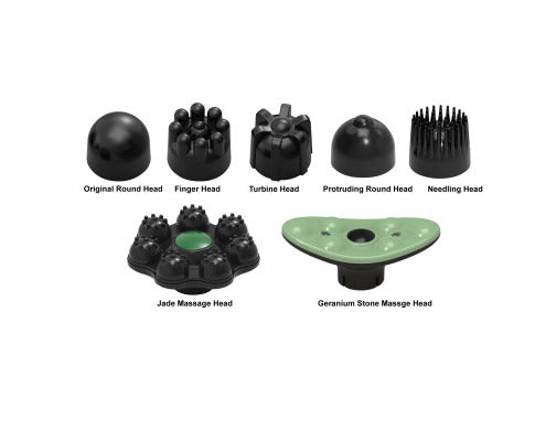 Seven diverse black and green interchangeable massage heads for Fitlybuy rechargeable deep tissue body massager.