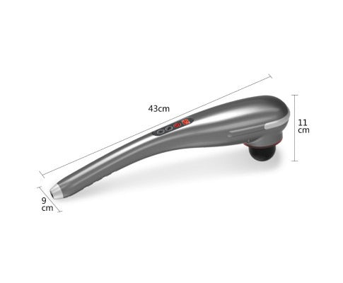 Fitlybuy gray rechargeable body hammer massager with deep tissue head, digital controls, and dimension measurements.