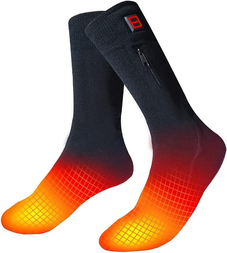 Fitlybuy black rechargeable electric heated socks with zippered battery pocket and heat-indicating glowing foot grid.