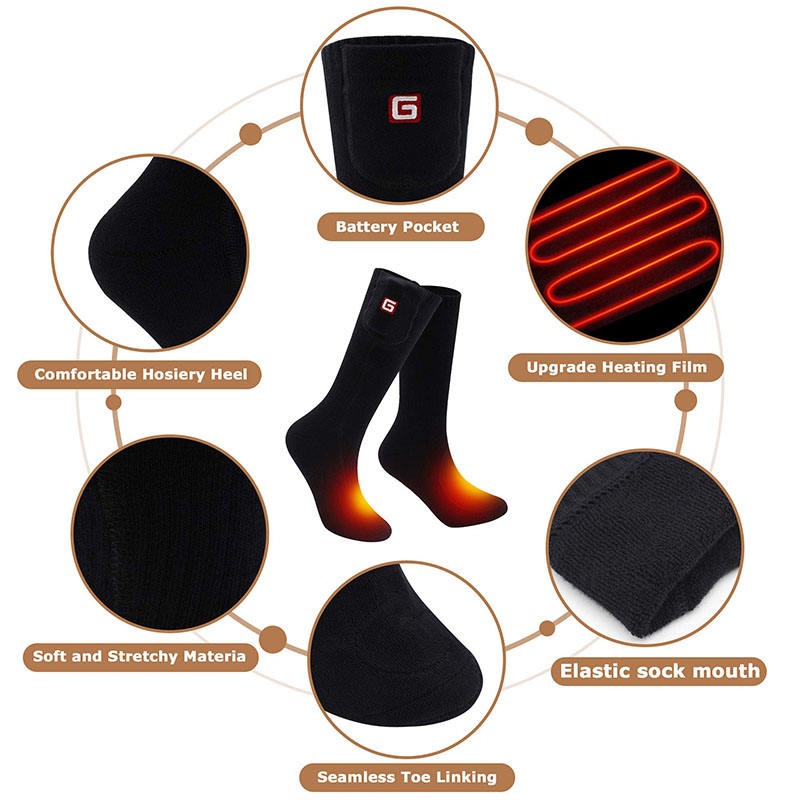 Fitlybuy black rechargeable heated socks featuring a battery pocket, heating elements, and elastic construction.