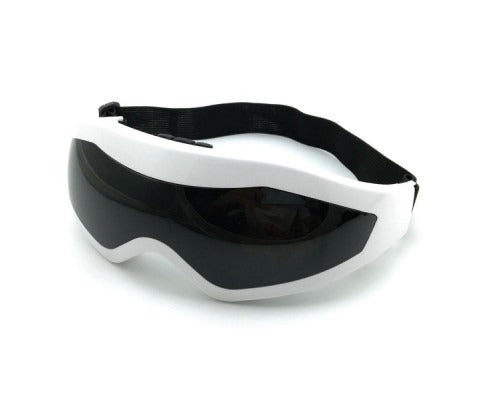 White Fitlybuy rechargeable eye massager with black visor, adjustable elastic strap, and soothing heat therapy.