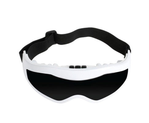 Fitlybuy white and black rechargeable eye care massager with heat therapy and an adjustable black head strap.