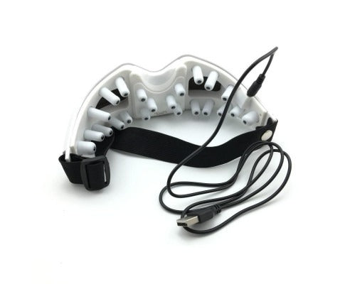 Fitlybuy white rechargeable eye massager with 20 massage nodes, black adjustable head strap, and USB charging cable.