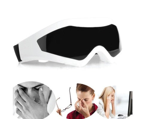 Fitlybuy white and black rechargeable eye massager with heat therapy, shown with people experiencing eye strain.