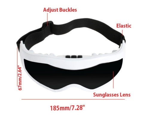 White Fitlybuy rechargeable eye massager with black lens, adjustable elastic strap, and heat therapy labeled features.