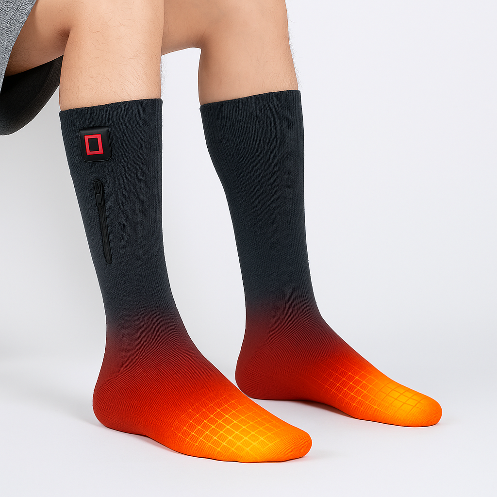 Fitlybuy rechargeable electric heated socks in black, featuring a side zipper pocket and red-to-orange thermal grid toe.