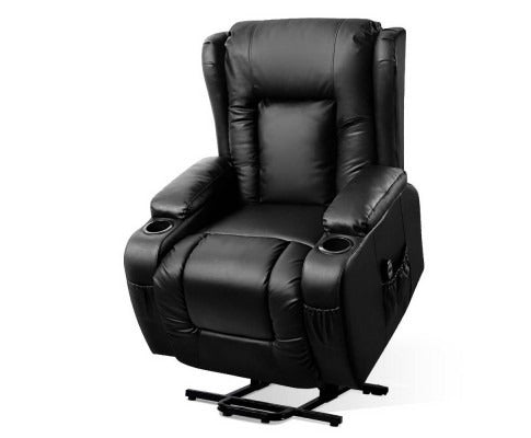 Black Fitlybuy lift assist recliner with massage and heat, featuring dual cup holders and side storage pockets.
