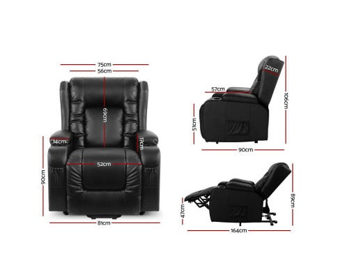 Black Fitlybuy lift recliner with massage and heat, shown from front and side with dimension labels and specs.
