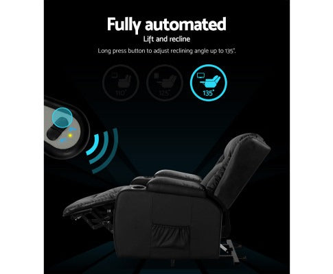 Black Fitlybuy recliner with lift assist, heated massage, ComfortWave technology, and remote-controlled 135° recline.