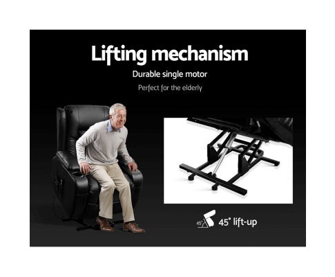 Black Fitlybuy recliner chair with lift assist, showing an elderly man using the 45-degree lift-up motor mechanism.