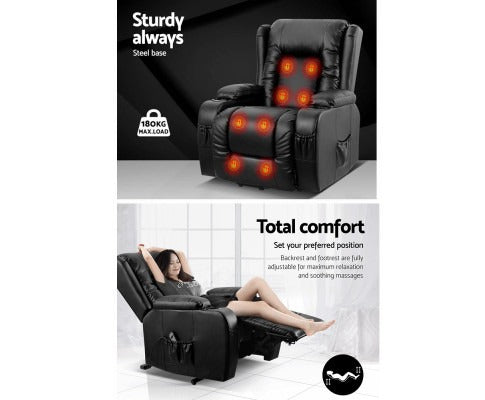 Black Fitlybuy recliner with ComfortWave massage, heated zones, steel base, lift assist, and adjustable footrest.