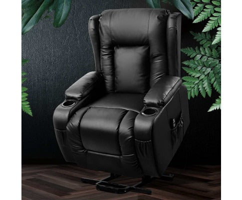Black Fitlybuy lift recliner with ComfortWave massage, heat, cupholders, and storage pockets against a leafy background.