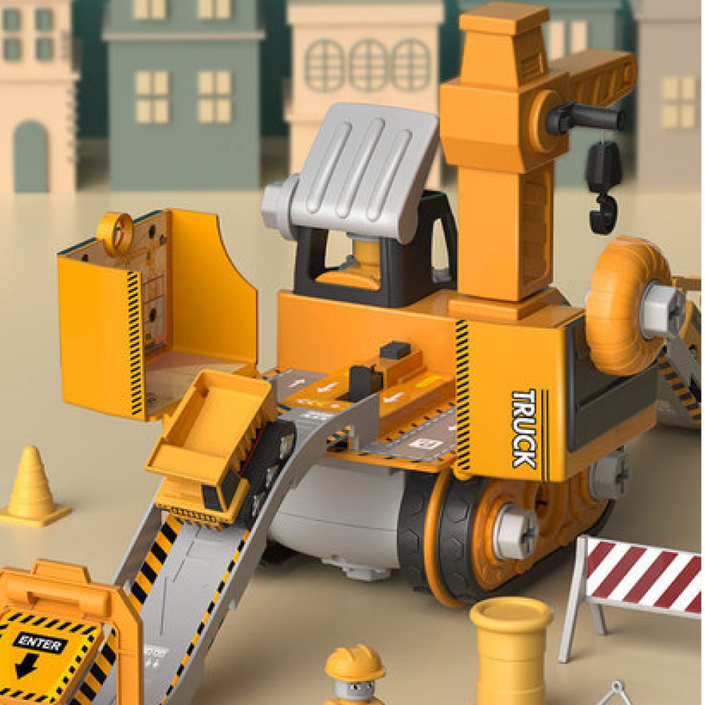 Fitlybuy yellow construction truck playset with crane, excavator ramp, and toy accessories against a city backdrop.