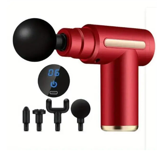Red Fitlybuy fascia massage gun with digital display, deep tissue vibration therapy, and four interchangeable heads.