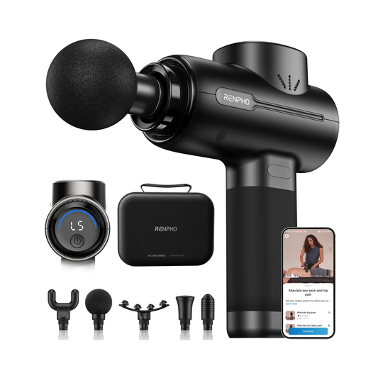 Black RENPHO massage gun with ball head, five attachments, carrying case, and app-controlled phone display.