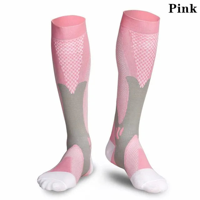 Pair of pink and grey Fitlybuy Easy Legs compression socks with white toes and textured circulation support zones.