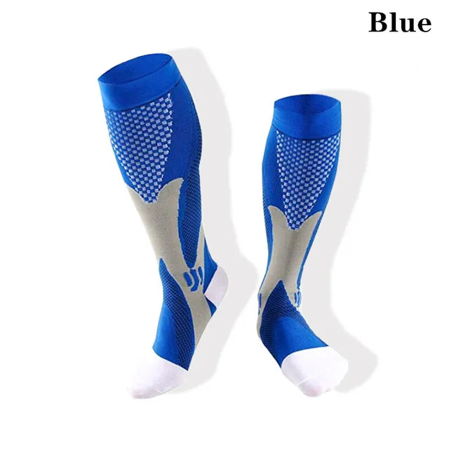 Fitlybuy blue compression socks with grey patterned circulation support technology against a white background.
