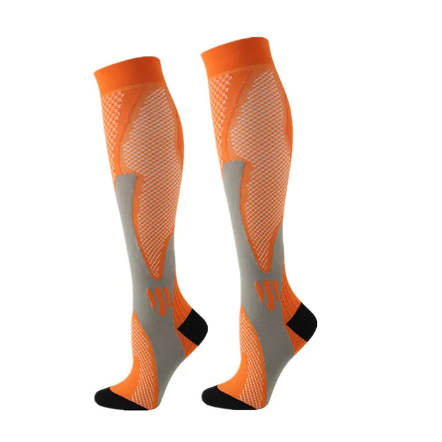 Fitlybuy Easy Legs orange and gray compression socks with textured mesh patterns and black reinforced toe and heel.