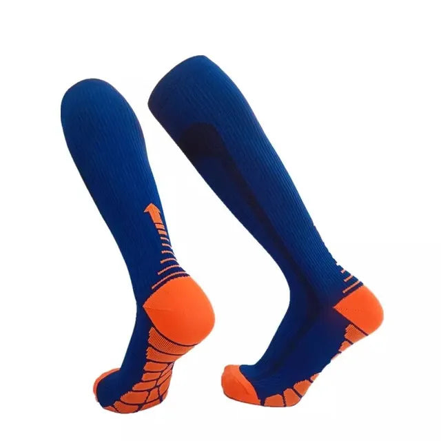 Blue and orange Fitlybuy Easy Legs compression socks with circulation support design, isolated on a white background.