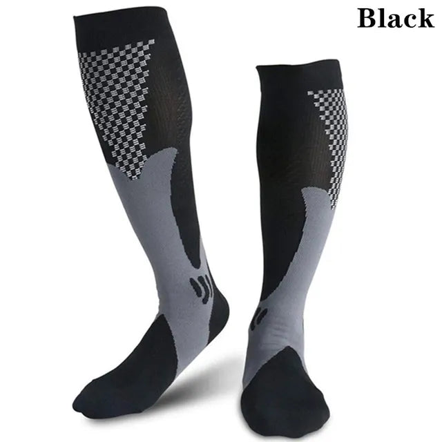 Fitlybuy black and grey compression socks with checkered patterns and targeted circulation support against white background.