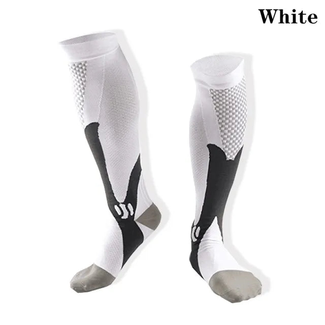 Fitlybuy Easy Legs white compression socks with black accents, textured calf support, and grey toe sections.