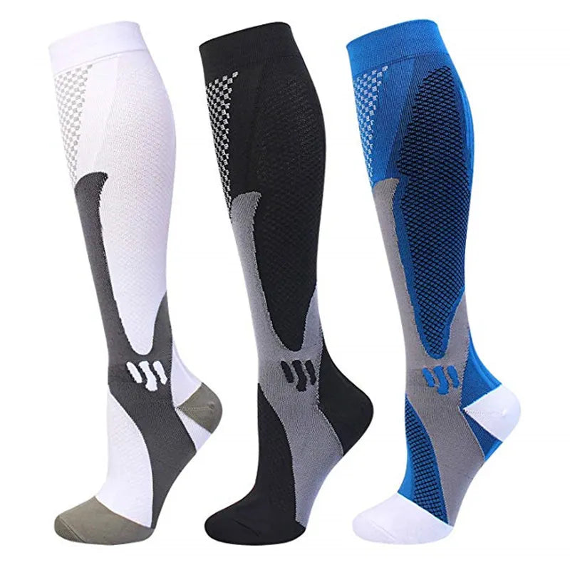 Three Fitlybuy Easy Legs compression socks in white, black, and blue with technical circulation support patterns.