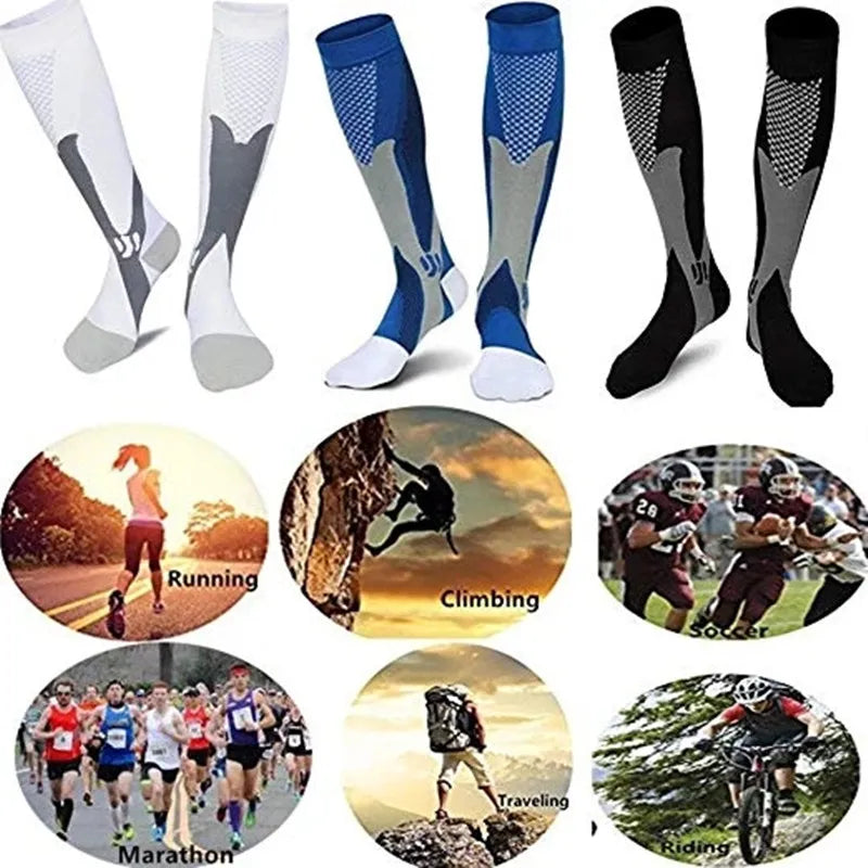 Fitlybuy knee-high compression socks in white, blue, and black for sports like running, climbing, and cycling.