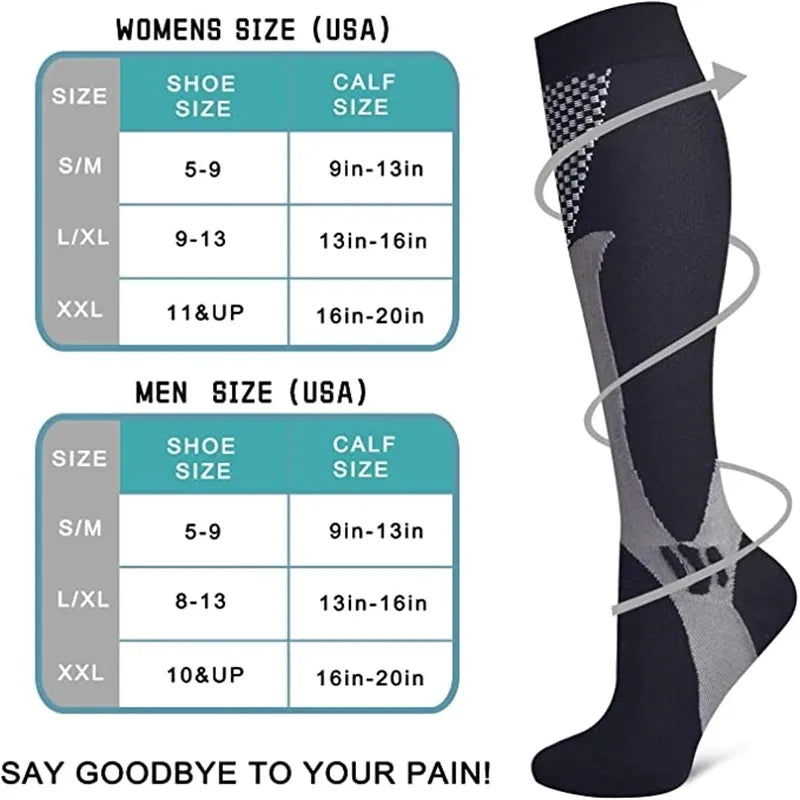 Fitlybuy compression sock with black and gray design next to a men's and women's sizing chart.
