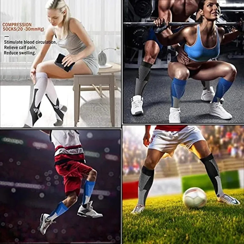 Fitlybuy compression socks in various colors worn by athletes and active individuals for circulation support.
