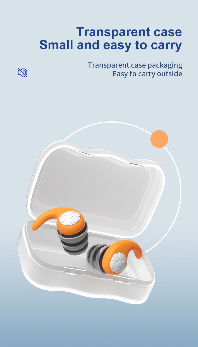 Fitlybuy orange and grey noise-canceling earplugs with SleepGuard foam in a portable transparent carrying case.