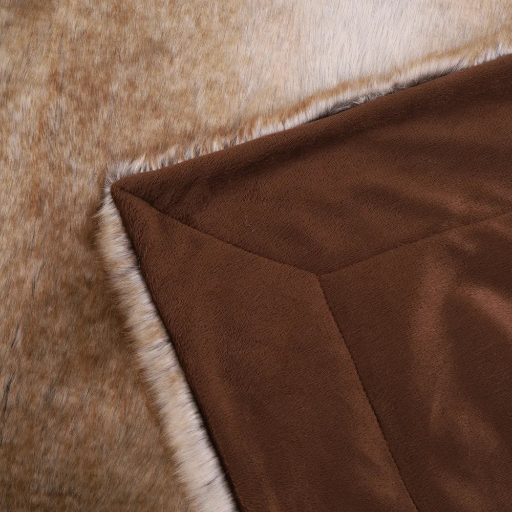 Fitlybuy faux fur throw: tan mink-style plush top with a solid brown velvet-feel underside.