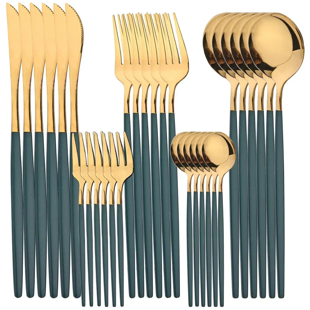 Fitlybuy RoyalMirror gold and dark green cutlery set featuring knives, forks, and spoons in a sleek, elegant design.