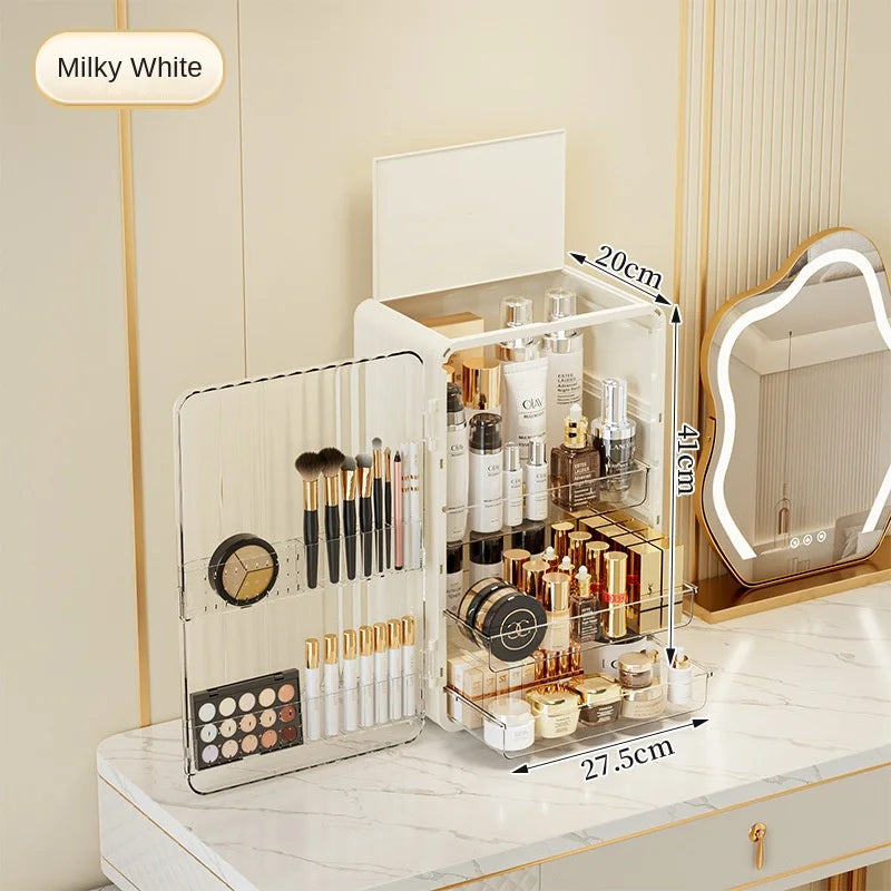 Milky white Fitlybuy Luxo makeup organizer with clear magnetic door and drawers, displaying cosmetics on a vanity.