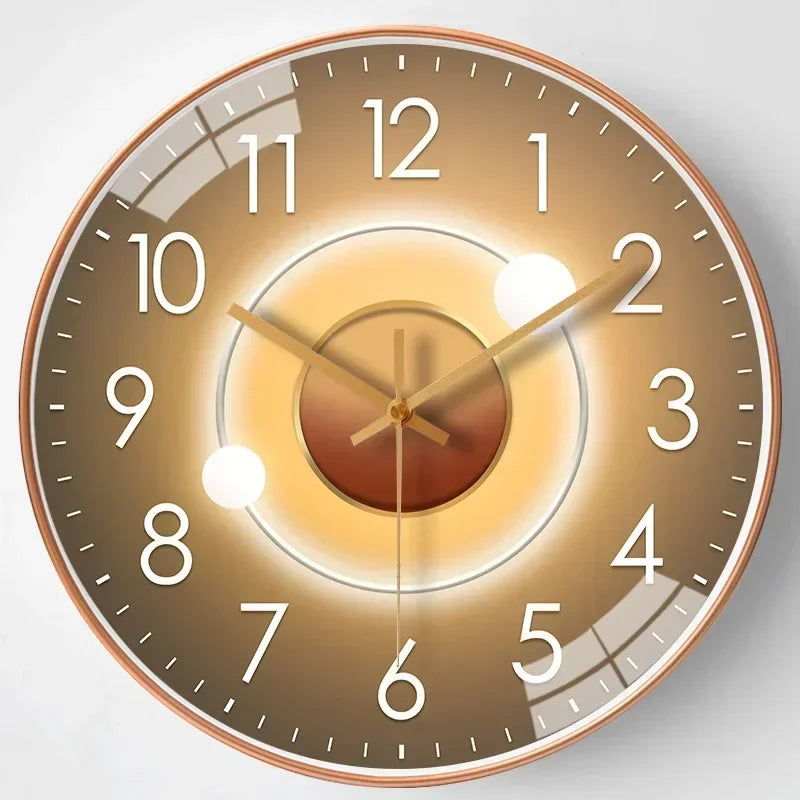 Fitlybuy silent round wall clock with gradient brown dial, gold frame, white numerals, and elegant, non-ticking design.