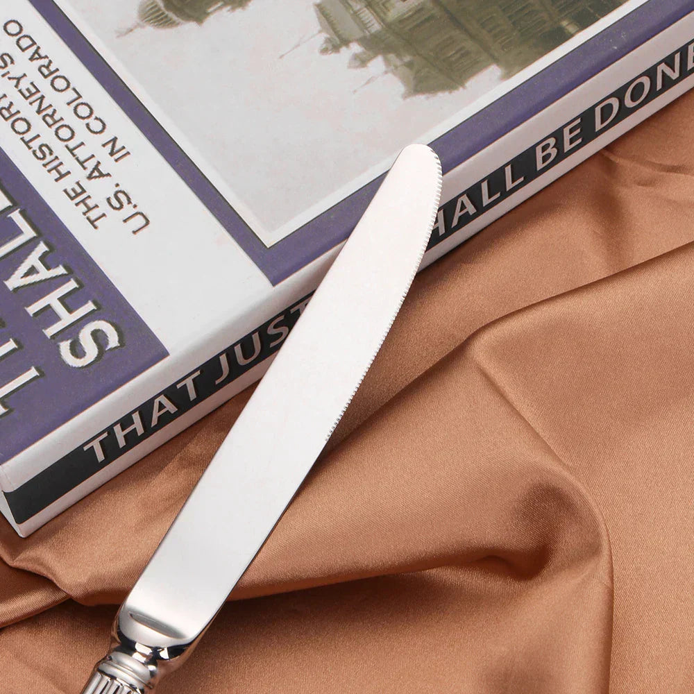 Fitlybuy silver 304 stainless steel knife with a mirror finish, resting on a book and draped satin-like fabric.