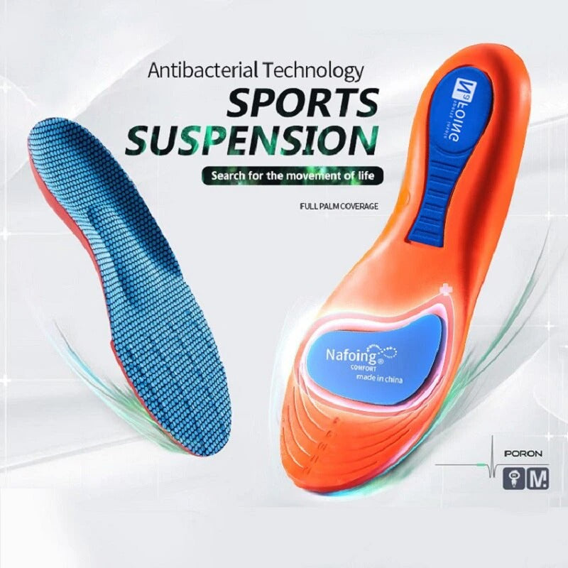 Fitlybuy orange orthopedic sports insoles with blue arch support and antibacterial mesh top, shown from both sides.