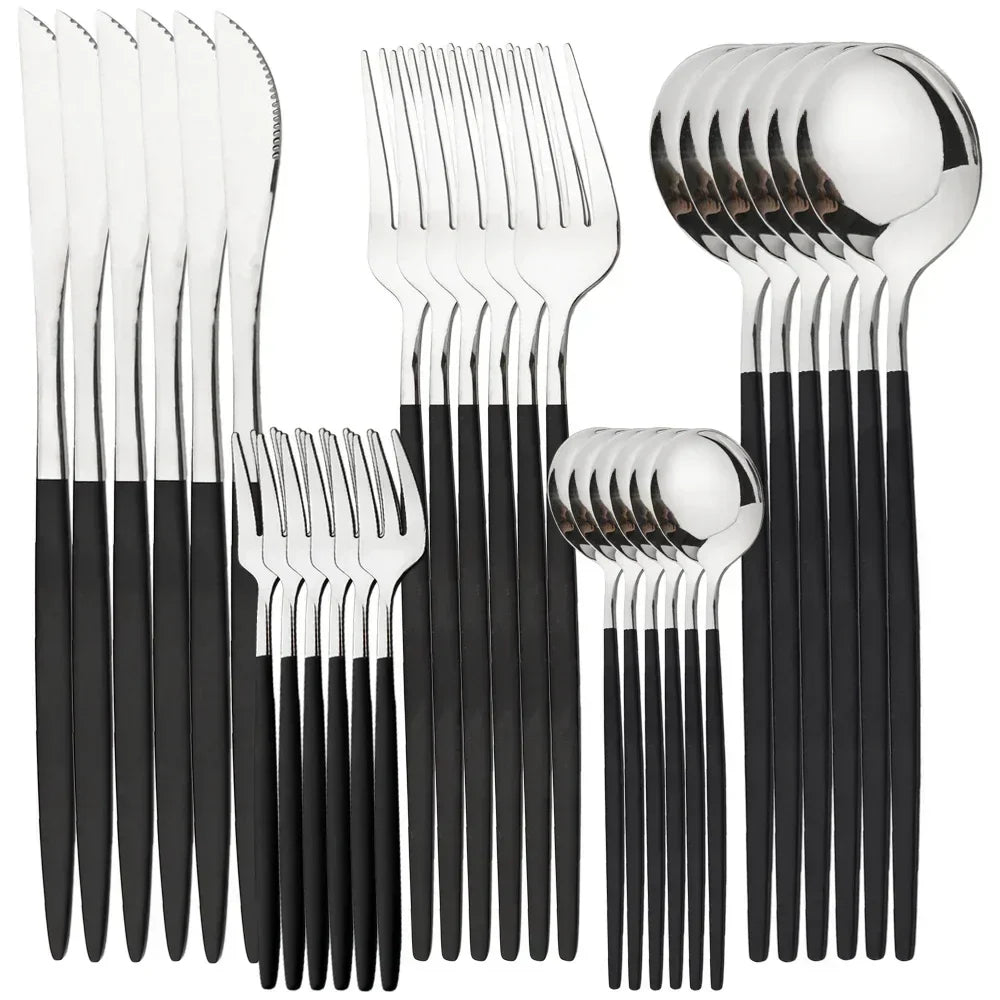 Fitlybuy luxury cutlery set with polished silver heads and matte black handles, arranged in a neat grid.