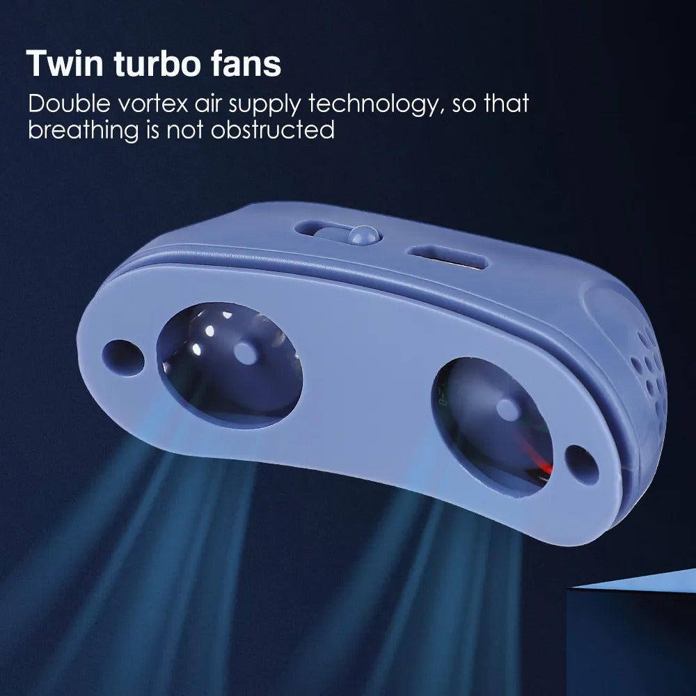Blue silicone Fitlybuy anti-snoring nasal dilator with two built-in turbo fans for improved airflow.