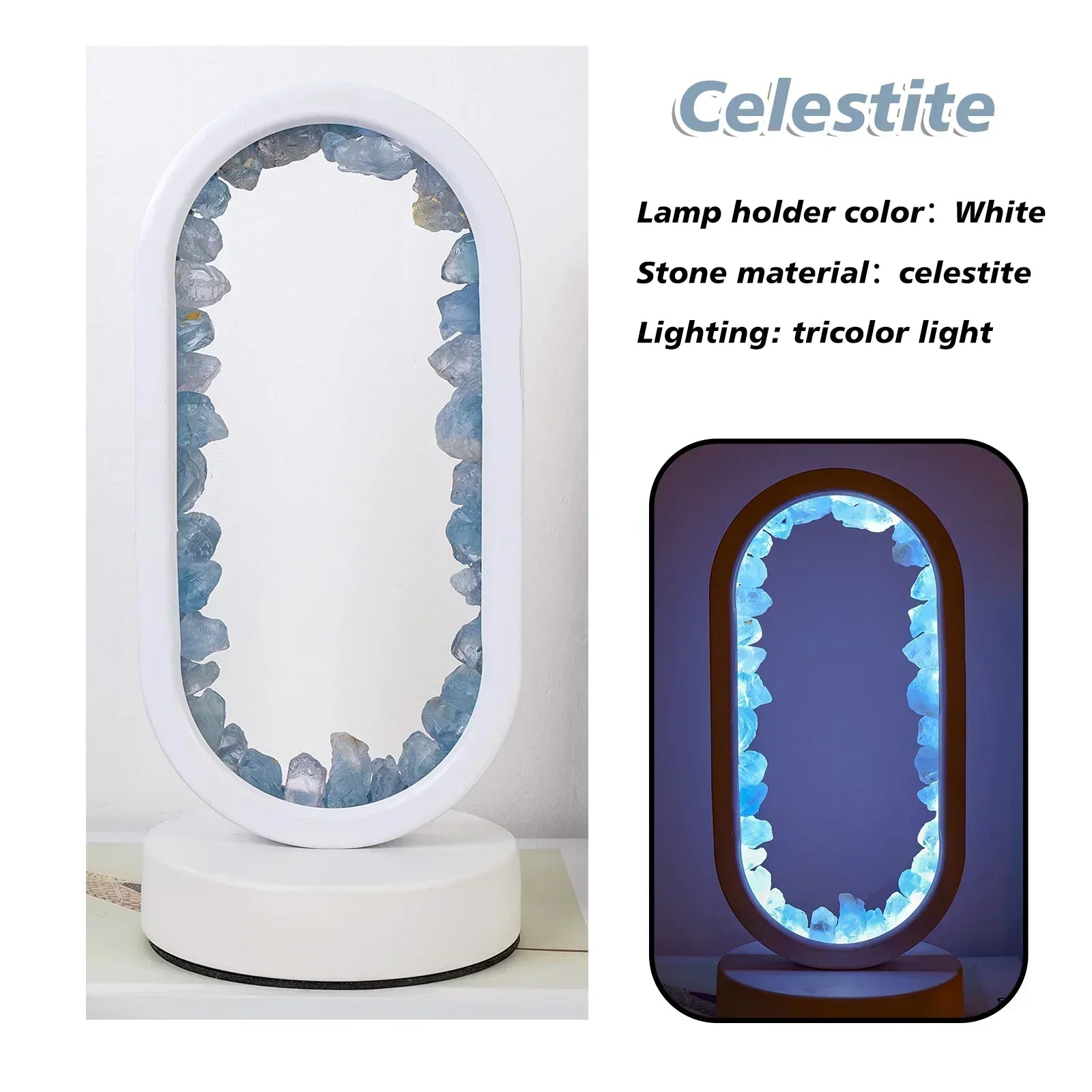Oval white lamp frame with natural blue celestite crystals inside, featuring a tricolor light display.