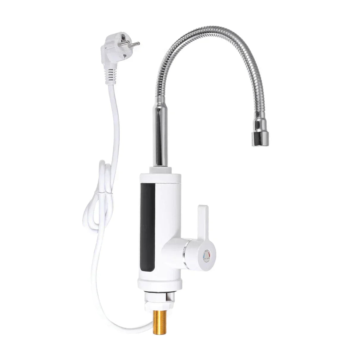 Fitlybuy FlowHeat 3000W instant hot water tap with flexible spout, digital temperature display, and power plug.