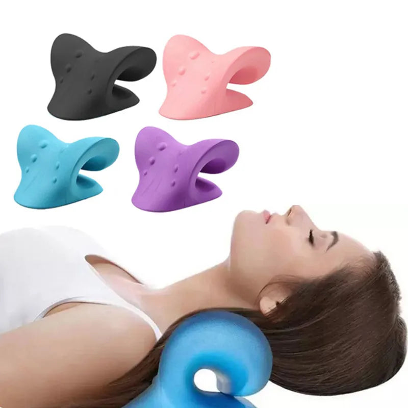 Fitlybuy ergonomic cervical stretch pillows in black, pink, blue, and purple, shown in use by a person lying down.